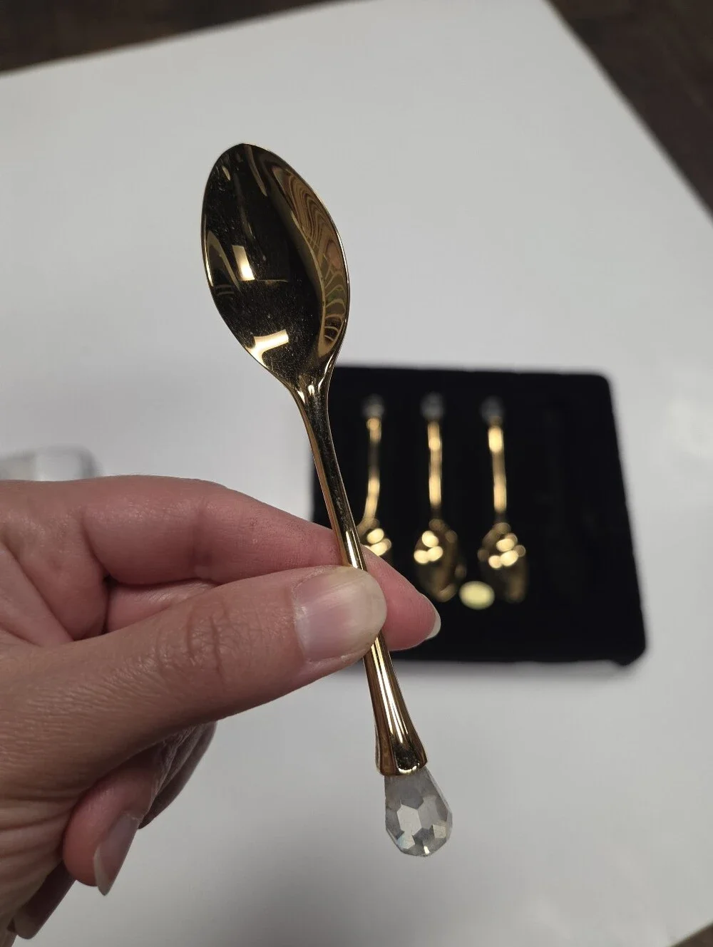 KP 24K Gold Plated Demitasse Spoons Set 4 Swarovski Strass Crystal Vintage Box